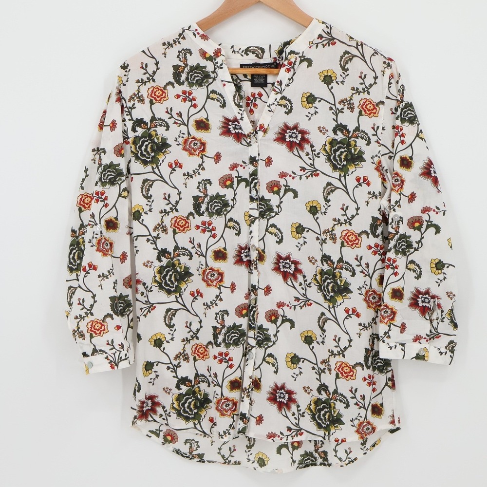Preswick & Moore Floral Button Up Blouse Womens Size M White Cotton 3/4 Sleeve